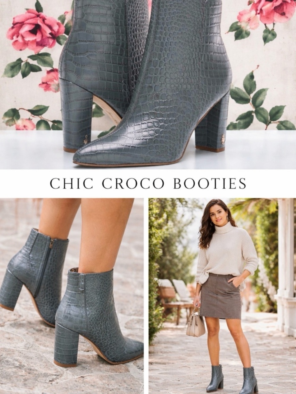 Sam Edelman Croc Embossed Booties Block Heel Pointed Toe Chic Leather Sz 9.5